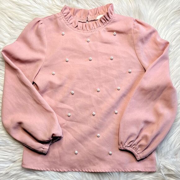SHEIN Preppy Pearl Puffy Long Sleeve Blouse Pink and White Size 8 - Picture 2 of 3